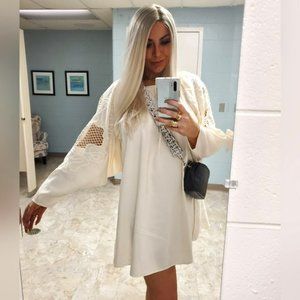 Cream Mini Midi Dress with Balloon Sleeves and Sexy Embroidered Cut Out Netting